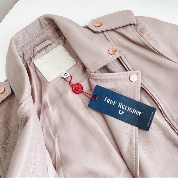 $495‼️TRUE RELIGION SHEEP LEATHER MOTO JACKET CROPPED Mauve Motorcycle Luxury XS - Picture 3 of 8